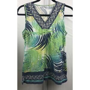 Liz Claiborne Top Women Petite PM Green Floral Stretch Sleeveless V Neck Blouse